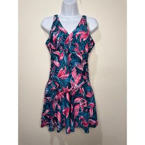 Summer Mae Women Blue Pink Tropical Floral boyshorts swim one piece dress size L